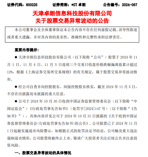 *ST卓朗：公司将被实施重大违法强制退市，股票12月26日起停牌